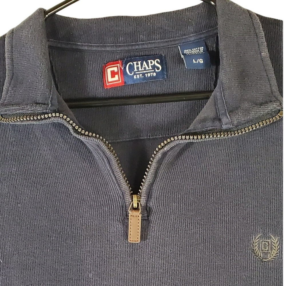 Chaps Mens Large Navy Blue Ribbed Cotton‎ Quarter Zip Pullover Sweater Mock Neck